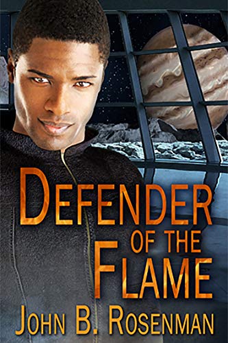 A man standing in front of a window with the words " defender of the flame ".